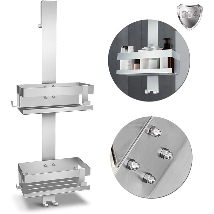 Полка для душу Melko з нержавіючої сталі без свердління, дзеркальний захист, кріплення для шампуню з гачками, підходить для душової кабіни з безрамковою скляною дверцями, антикорозійна, тримач для бритви та рушників