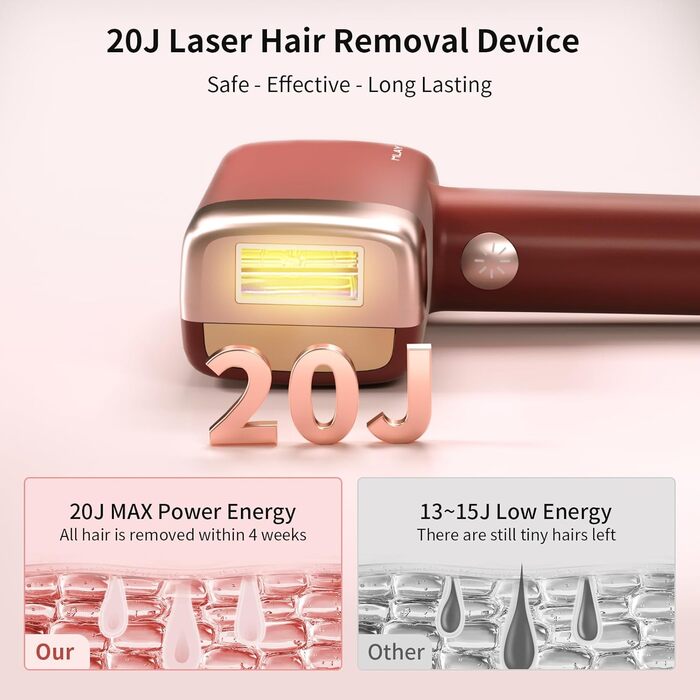 Пристрій для епіляції IPL Laser, 0.5 сек/імпульс, безболісна епіляція з охолодженням, 2 насадки для обличчя та бікіні, для обличчя, під пахвами, на ногах, бікіні. Червоний колір