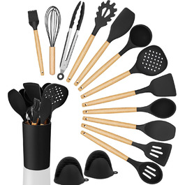 Набір кухонних аксесуарів Homikit 15 предметів з чорного силікону та дерев'яними ручками. Кухонний аксесуар, стійкий до високих температур, легко миється. З підставкою для аксесуарів.