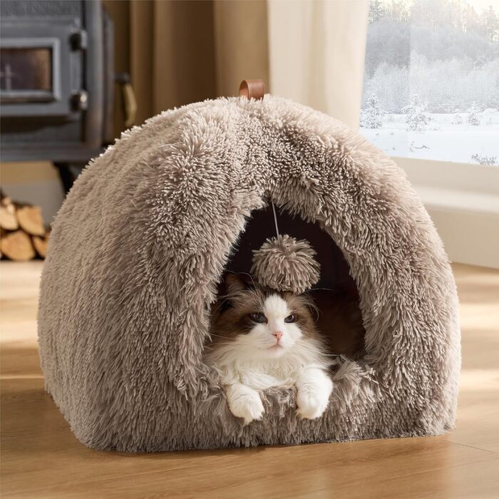 Кігтечка для котів BEDSURE велика, 44x44x44 см, з плюшевим будиночком, знімним килимком та іграшкою, для дому, (40x40x40 см, верблюжий)