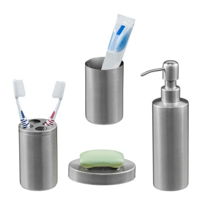 Relaxdays 4-piece Bathroom Set in Matte Silver