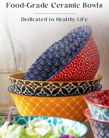 Набір тарілок для мюслі DOWAN (6 шт.), 680 мл, діаметр 15,2 см, кольорові, великі, набір тарілок для вечері, Різдва, супу, салату, кукурудзяних пластівців, з квітковим візерунком