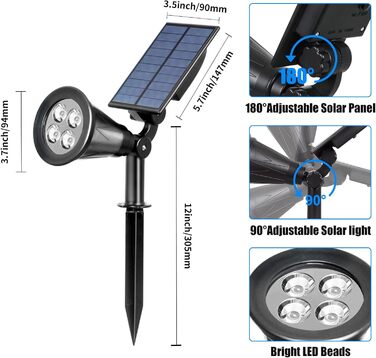 T-SUN LED Solar Spotlights, 2 Pack 4 LED Solar Garden Lights, Bright Garden Light, 2 Lighting Modes, Safety Lighting, Large Outdoor Light for Lawn, Paths, Terrace (Cool White 6000K)