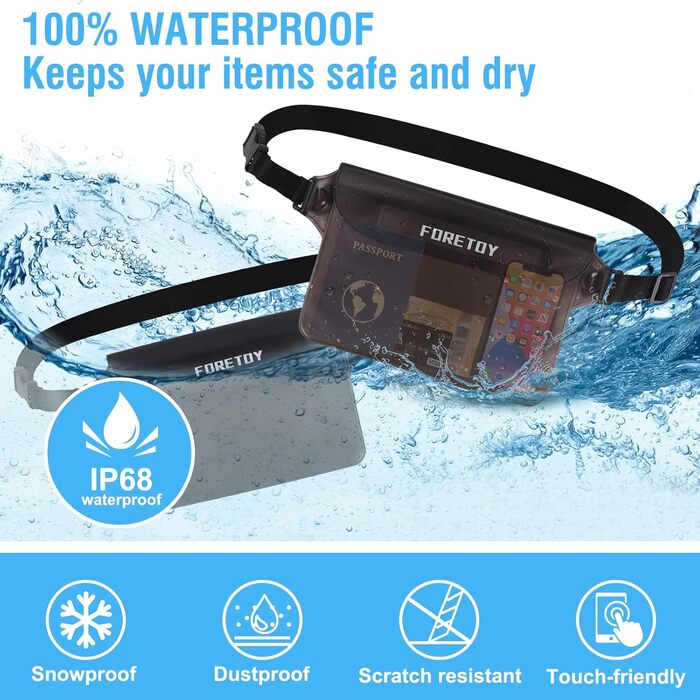 Водонепроникна сумка-чохол на пояс з регульованим ремінцем, IP68, для фотографії, водних видів спорту, пляжу, плавання, риболовлі тощо. Чорний + Сірий