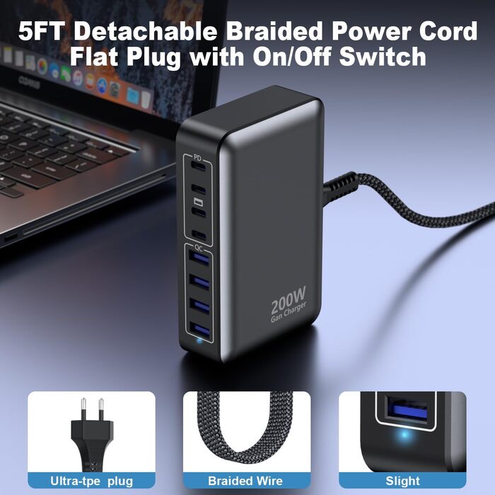 Зарядний пристрій USB-C 200W, 8 портів GaN, швидка зарядка PD 65W для ноутбука MacBook/Dell/Steam Deck, iPhone 17/16/15/14, Galaxy S24/S23 (чорний)