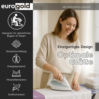 Прасувальна дошка EUROGOLD® Premium 120x42 см з турбопокриттям та полицею - стабільна, регульована по висоті, з бавовняним покриттям (рожева)
