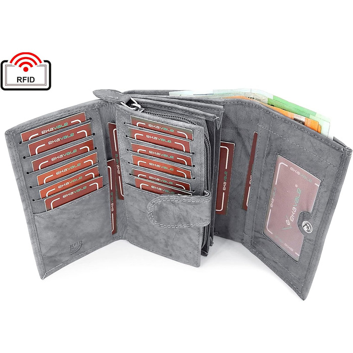 ekavale Wallet for Women Leather with RFID Protection, 25 Compartments, Long Card Holder (Gray)