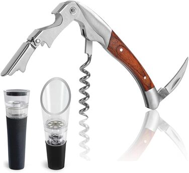 Sommelier knife, wine opener, professional corkscrew made of stainless steel, bottle opener with foil cutter, wine aerator pourer and vacuum stopper, wine accessories. (Sommelier knife)