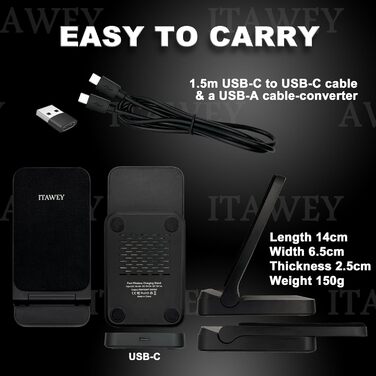 Бездротова зарядка 15W, складана, кабель 1.5м + USB-адаптер, сумісна з iPhone 15/14/13/12/11, Galaxy S25/S24/S23/S22/S21/S20/S10 та усіма Qi-пристроями, білий (чорний) колір