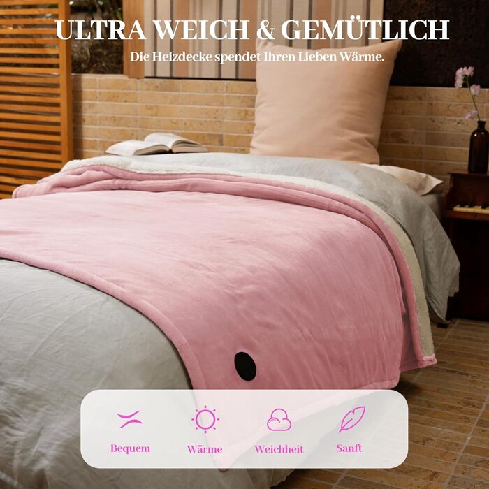 Електрична ковдра GOTCOZY 130x180 см з 10 рівнями нагріву та таймером, рожева