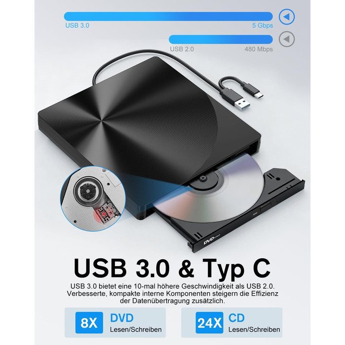 Зовнішній USB 3.0 та USB-C CD/DVD привід varkda для ноутбука та ПК, портативний DVD-плеєр та записник (RW/ROM), сумісний з Windows, macOS, Linux, чорний