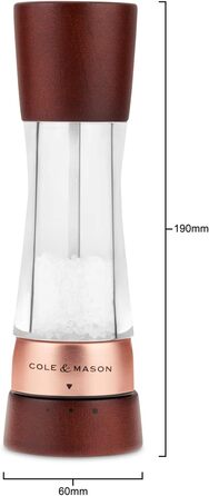 Набір для перцю та солі Cole & Mason Derwent Kastanie Roségold (2 шт.), ручний млин з регульованим керамічним жорном, дерево/акрил, 190 мм, Precision+, подарунковий набір