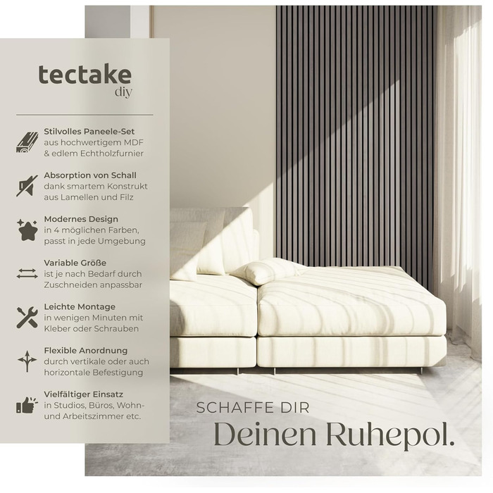 Акустичні 3D-панелі tectake 120x60x2,1 см, настінні панелі-поглиначі шуму під дерево (набір 4 шт, світло-сірий дуб)