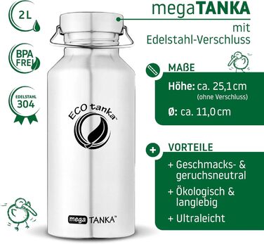 ECOtanka 2.0 Liter megaTANKA™ Stainless Steel Water Bottle - Stainless Steel Cap - Sustainable Water Bottle for Sports, Outdoor Activities, Fitness, BPA-Free, Leak-Proof, Made to Last