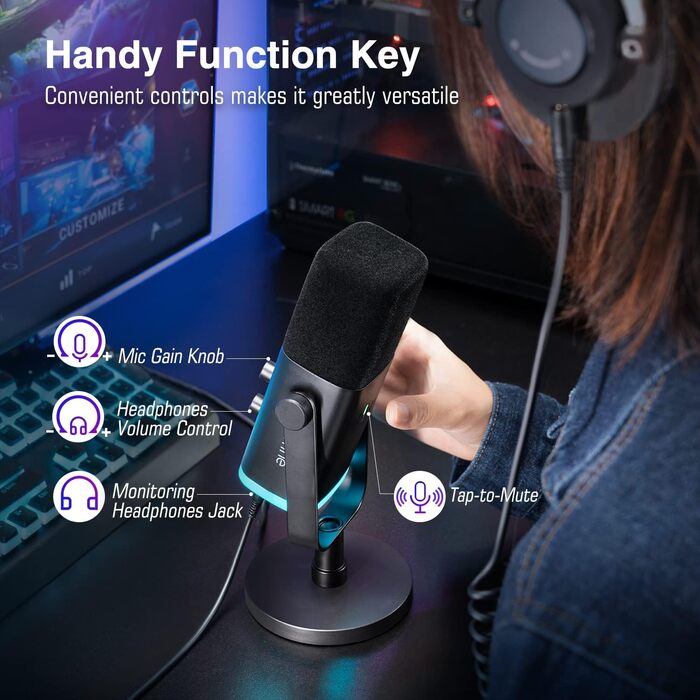 Ігровий мікрофон FIFINE XLR/USB для стрімінгу та подкастів, динамічний студійний мікрофон з RGB-підсвіткою, регулятором підсилення, функцією Mute та роз'ємом для навушників