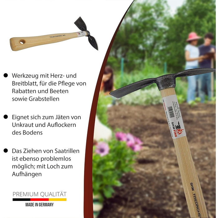 Hand hoe, sturdy forged hoe for the garden, wide and heart-shaped blade, 40cm short ergonomic handle from SHW-FIRE