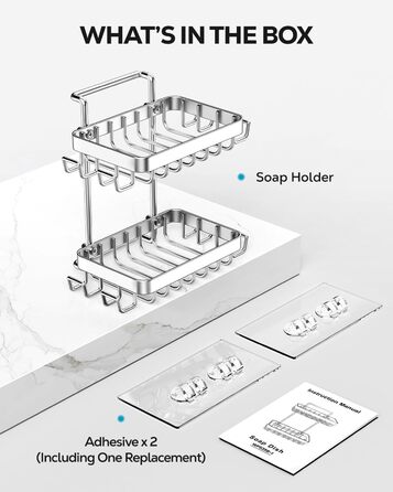 Підставка для мила Nieifi з двома ярусами та зливом, нержавіюча сталь, без свердління, для душової кабіни та ванної кімнати (срібляста)