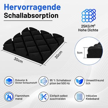 Акустичний поролон для звукоізоляції, шумопоглинаючі панелі 30x30x7.5 см, самоклеючі звукоізоляційні плити (24 шт) + 150 двосторонніх клейких подушок