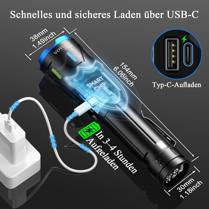 Ліхтар LED акумуляторний 500000 люмен, надпотужний з акумулятором 5000 mAh, LCD-індикатор заряду, 3 режими, регульований фокус, для кемпінгу та відпочинку на природі, матовий чорний