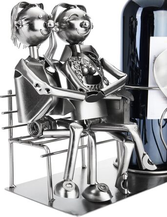 BRUBAKER Bottle Holder Men Loving Couple on Bench - Wine Bottle Holder Silver - Metal Bottle Stand Love - Metal Sculpture Gift for Married Couples with Gift Card (Woman + Man)