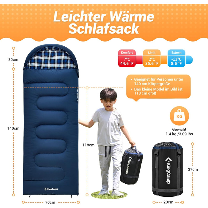 KingCamp Kids Sleeping Bag - Winter Warmth & 3-4 Season Comfort for Camping & Trekking - 170x70cm, 7°C Rating
