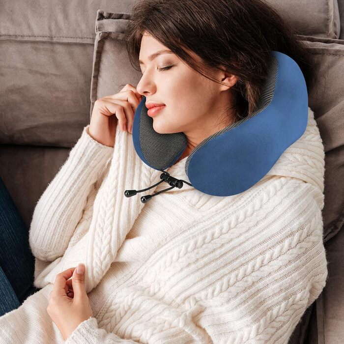 Подушка для шиї Eono з піною Memory Foam, ергономічна, для подорожей, з маскою для сну та навушниками, сумка, темно-синій