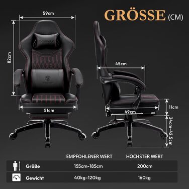 Ігровий крісло Dowinx з підголівником та масажем попереку, ергономічний геймерський крісло з підніжкою, офісне крісло з PU шкірою, чорний