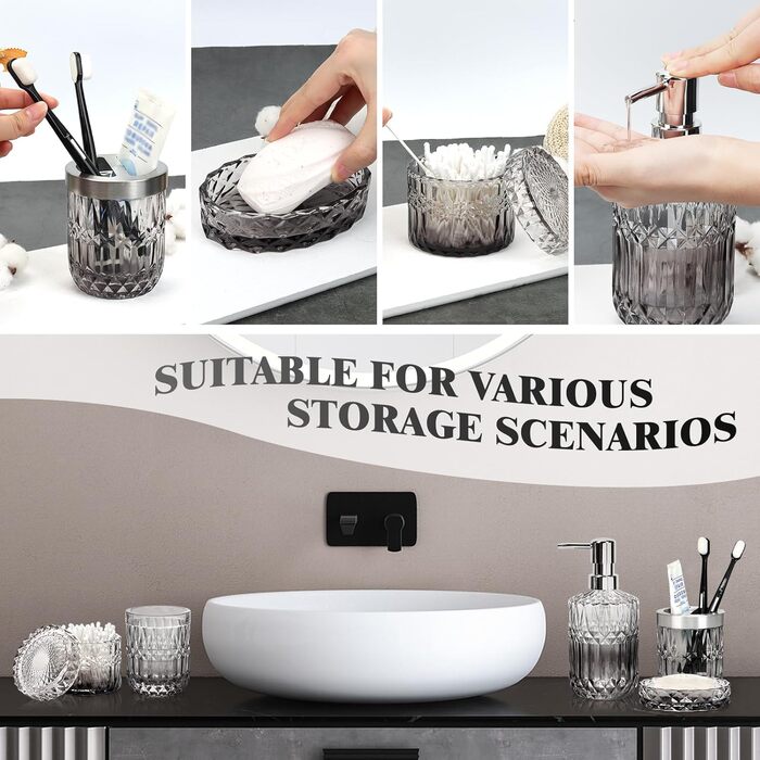 Набір аксесуарів для ванної кімнати Hebaogugu 5 шт., сірий колір, з дозатором мила, мильницею, стаканчиком для зубних щіток, тримачем для зубних щіток та контейнером для ватних паличок.