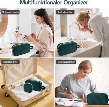 Косметичка жіноча KALIDI з корду, з відділеннями, металева блискавка, для подорожей, зелена