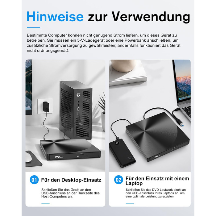 Зовнішній USB 3.0 та USB-C CD/DVD привід varkda для ноутбука та ПК, портативний DVD-плеєр та записник (RW/ROM), сумісний з Windows, macOS, Linux, чорний