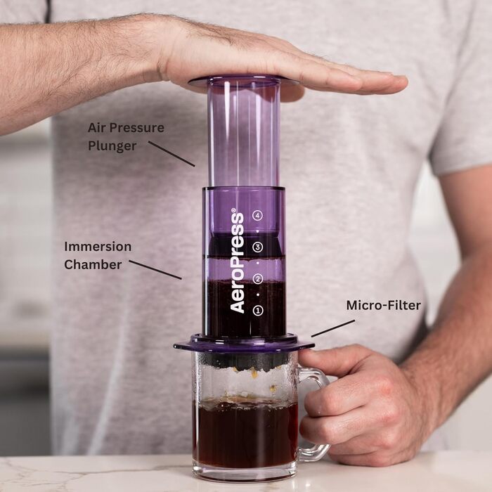 AeroPress Clear Violett – Прес для кави 3-в-1, френч-прес, еспресо, портативна кавоварка для подорожей і кемпінгу, фіолетова