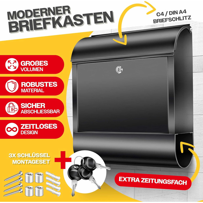 Поштовий ящик настінний KESSER XXL з нержавіючої сталі, з газетницею, замок з 3 ключами, чорний