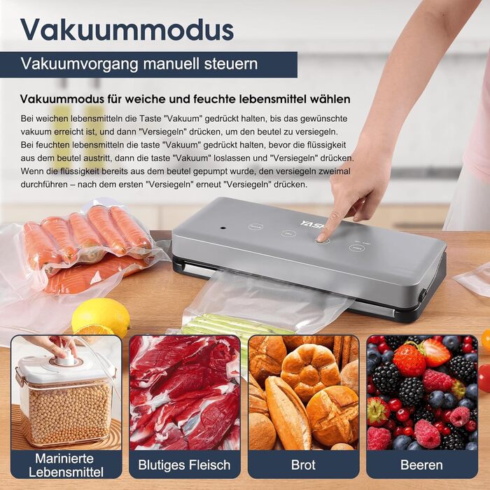 Вакуумний пакувальник YASHE з сухим та вологим режимом, 5-в-1, зварювальна штанга 30 см, для су-від та консервації м'яса, риби, фруктів та овочів