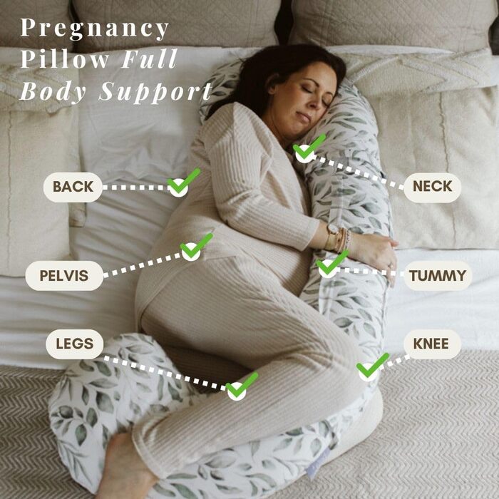 Подушка для вагітних BellaMoon 3-в-1: підтримка всього тіла, C-подібна форма для сну, годування та ліжка для малюка, знімний бавовняний чохол (Waterleaves)