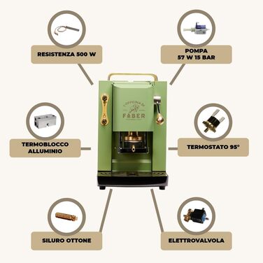 Faber Coffee Machines | Pro Deluxe Model | ESE 44 mm Coffee Pod Machine | Brass-Coated Finish | Adjustable Brass Pad Press | Standard Electrical Valve (Acid Green)