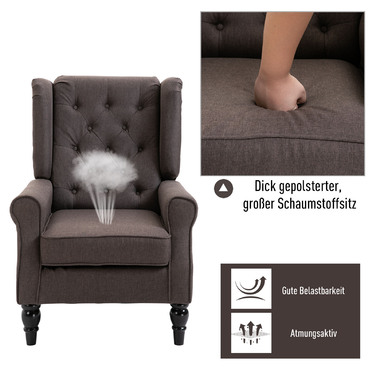 HOMCOM Single Armchair Recliner with Tufting, Wooden Feet, Brown, 76x86x108 cm, Comfortable Single Chair for Living Room & Reading Nook