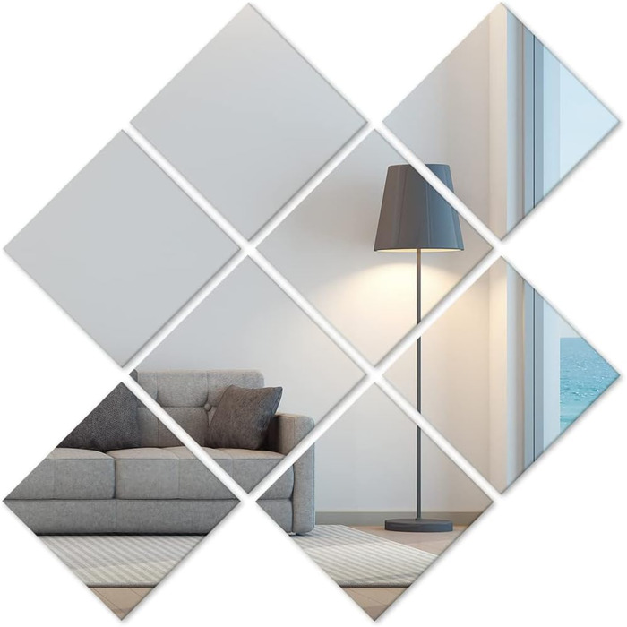 Дзеркальна плитка самоклеюча 15x15 см, 8 шт. - для декору стін, шаф, ванної кімнати, вітальні, спальні
