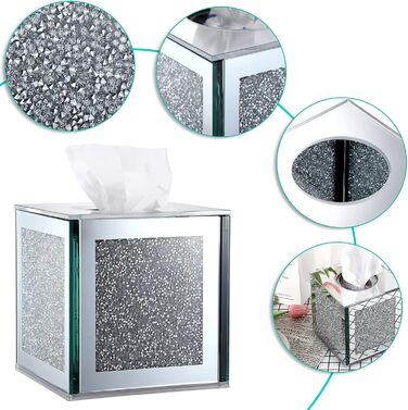 BTSKY Glittering Glass Cube Tissue Box with Crushed Crystal Diamonds for Home Decoration, Table Napkin Holder, Square Tissue Organizer