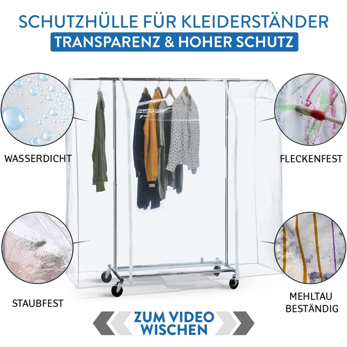 Tatkraft BIG Garment Rack Cover, Clothes Rack Cover, Plastic, Transparent, 2 Zippers, Extra Wide, L183 cm
