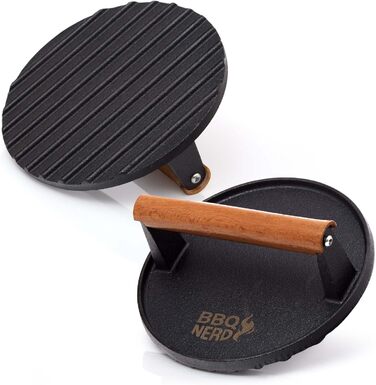 Пресс для м'яса з чавуну з дерев'яною ручкою, 18 см, круглий - Прес для бургерів, гриль-прес, вага для BBQ, м'яса, котлетів, бекону, сиру, сендвічів. Діаметр 18 см, чорний