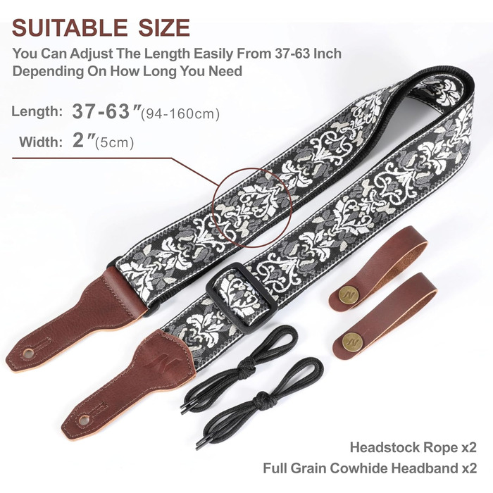 Гітарний ремінь Nefelibata Banjo-Gurt, 5,1 см, повна шкіра телятини, біла вишивка квітів