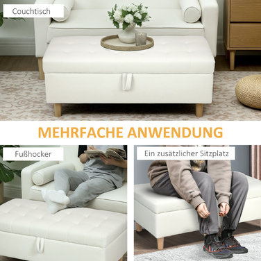 HOMCOM Upholstered Ottoman with Storage, Wooden Legs, Soft Fabric Cover, Cream White