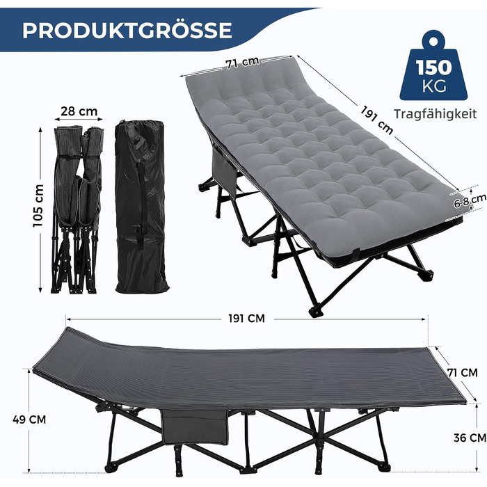 Ліжко похідне розкладне Palawano Extra Wide 190x71 см з матрацом для кемпінгу, сіре