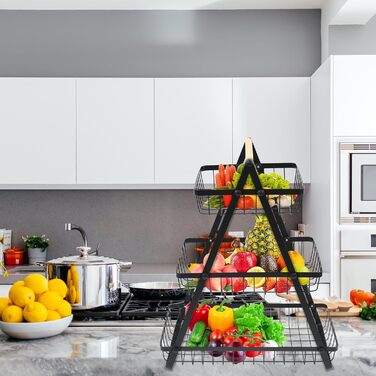 Багатоярусна металева підставка для фруктів та овочів MaxEarn - 3 яруси, велика місткість, з дерев'яною ручкою