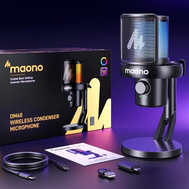 Мікрофон MAONO DM40 бездротовий для ПК з RGB підсвіткою та ШІ-зміною голосу, 3-рівнева шумоподавлення, для геймінгу, подкастингу та стрімінгу (чорний)