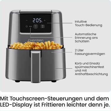 Chefman 2L Digital Air Fryer - Compact, Non-Stick, Dishwasher-Safe Air Fryer with Timer & Shake Reminder - Grey