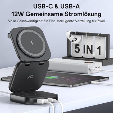 Зарядна станція 5 в 1 для iPhone з підтримкою магнітного зарядного пристрою, складана, для подорожей, бездротовий зарядний пристрій для iPhone 17/16/15/14/13/12, AirPods Pro 3, Apple Watch S11/Ultra (Titan Wüstensand) 2026-Titan Wüstensand (2026-Schwarz)