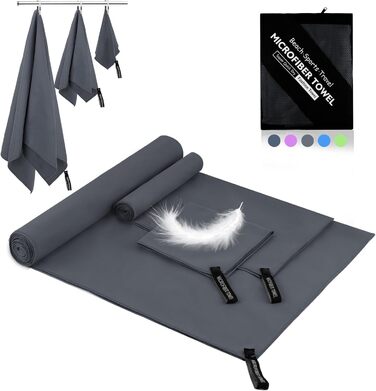 Набір рушників Neerow з мікрофібри (3 шт.): великий (152x76 см), фітнес (80x40 см), маленький (30x30 см), темно-сірий, швидковисихаючі