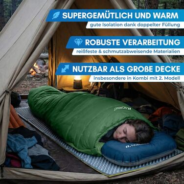 Спальний мішок-ковдра NORDMUT для дорослих, ultralight 1600г, 3-сезонний (250 GSM) з двосторонньою блискавкою YKK для кемпінгу, фестивалів та outdoor (лісовий зелений)