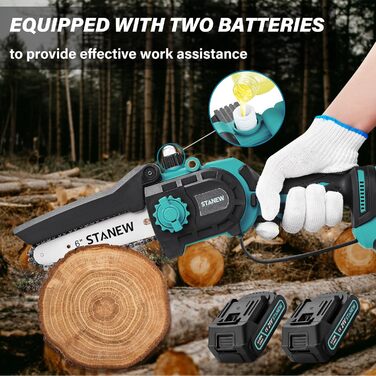 Міні-бензопила STANEW з 2 акумуляторами 2000mAh та зарядним пристроєм, 6 та 8 дюймів, 600W безщітковий двигун, для догляду за садом, обрізки дерев та роботи з деревом. Стандартна комплектація